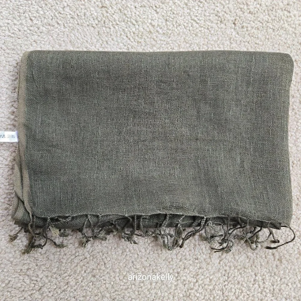 Linen Scarf Olive Green Fringe - Picture 1 of 9